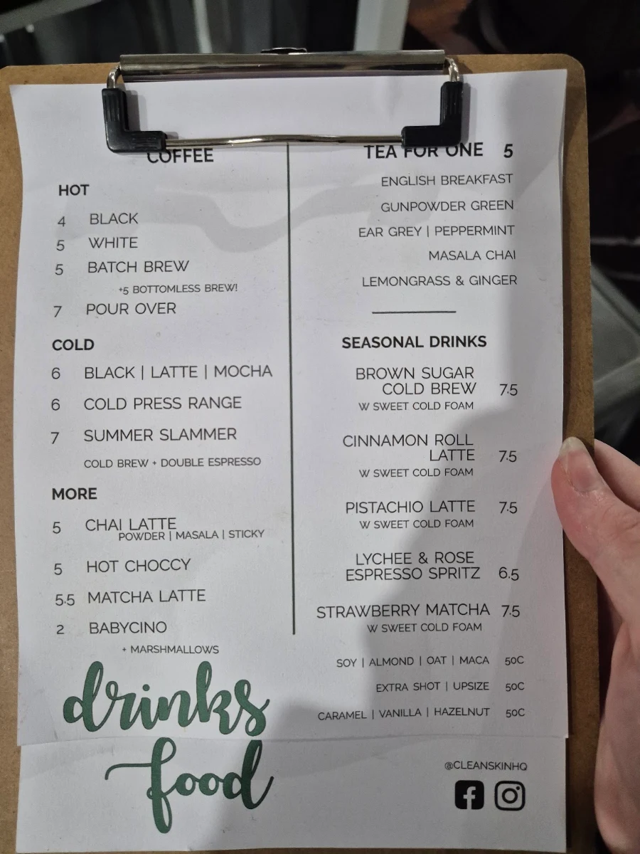 Menu, Cleanskin Coffee Co