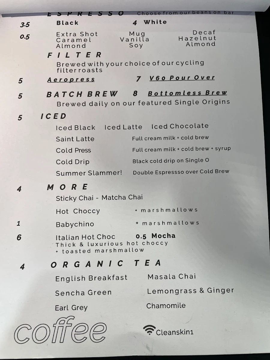 Menu, Cleanskin Coffee Co