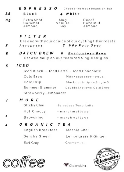 Menu, Cleanskin Coffee Co