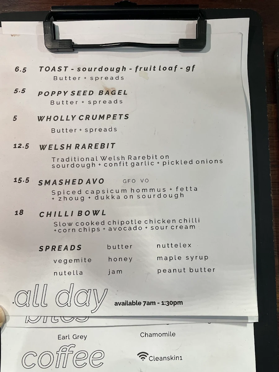Menu, Cleanskin Coffee Co