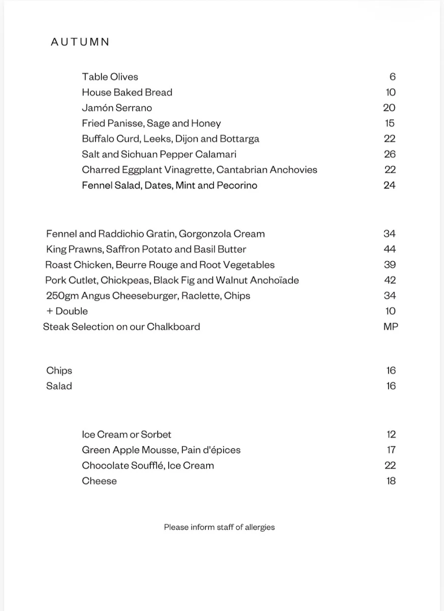 Menu, Patina Pl.