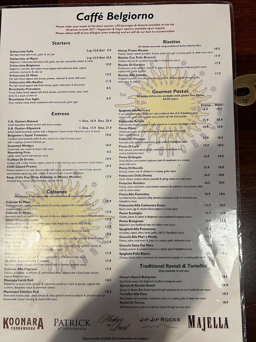Menu, Caffe Belgiorno