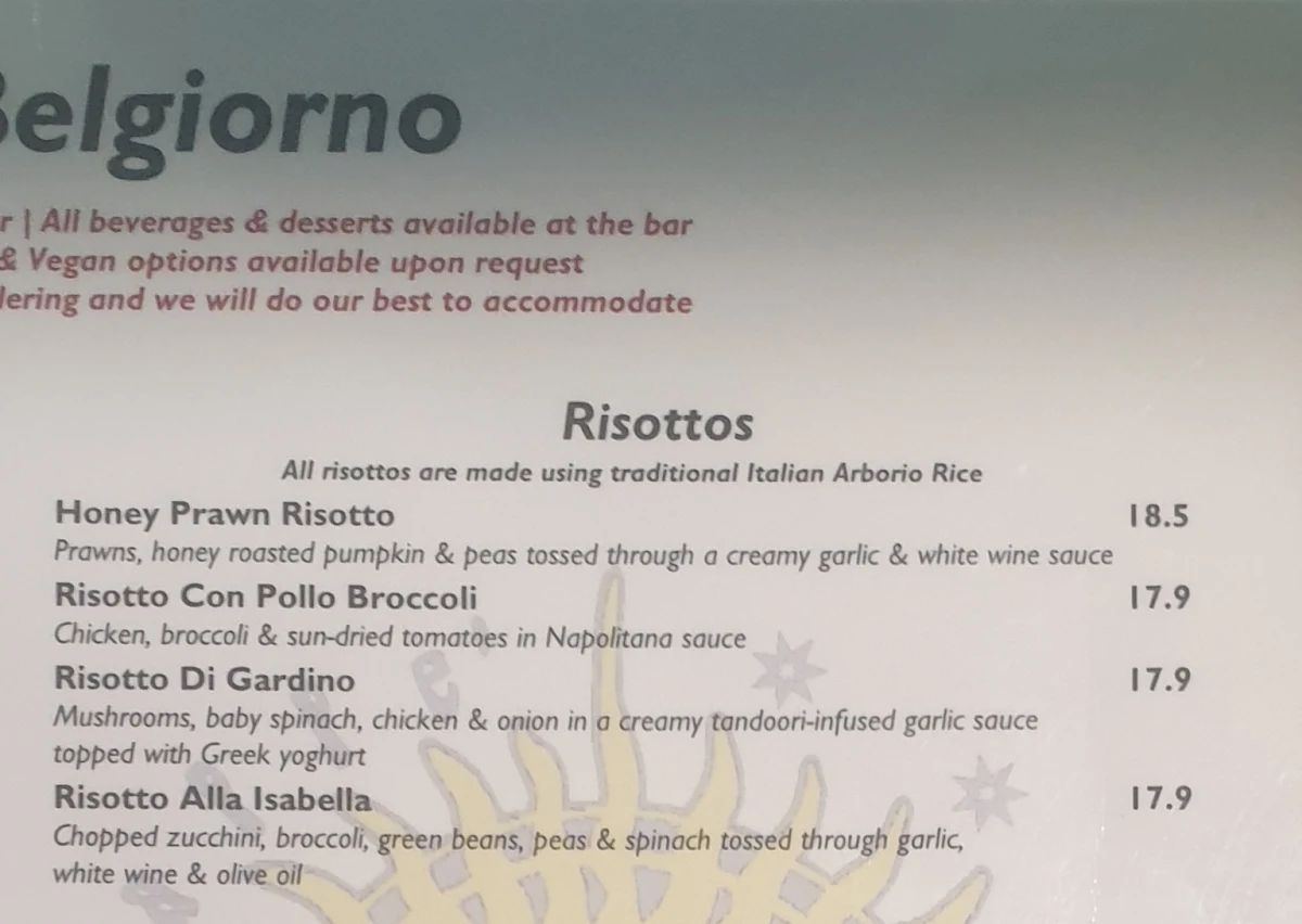 Menu, Caffe Belgiorno