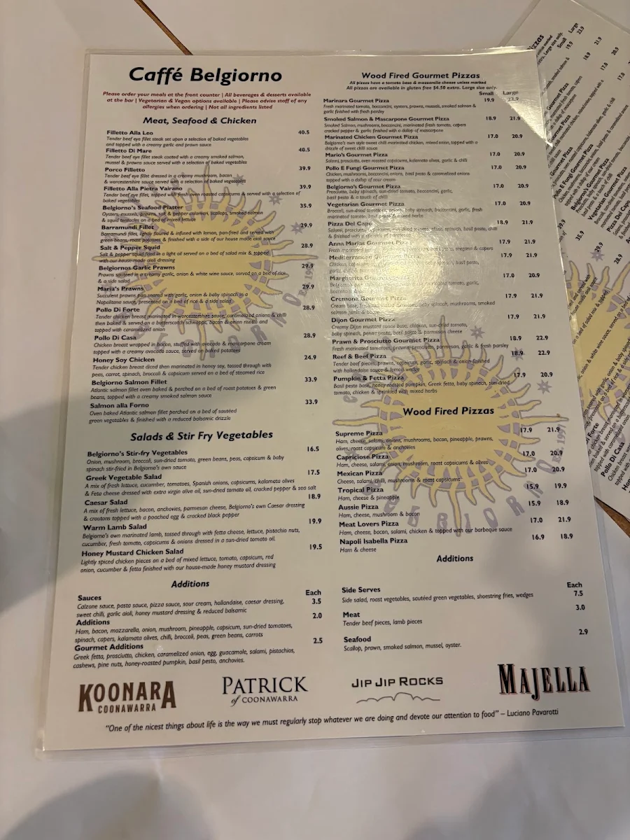 Menu, Caffe Belgiorno