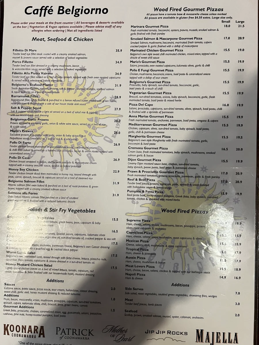 Menu, Caffe Belgiorno
