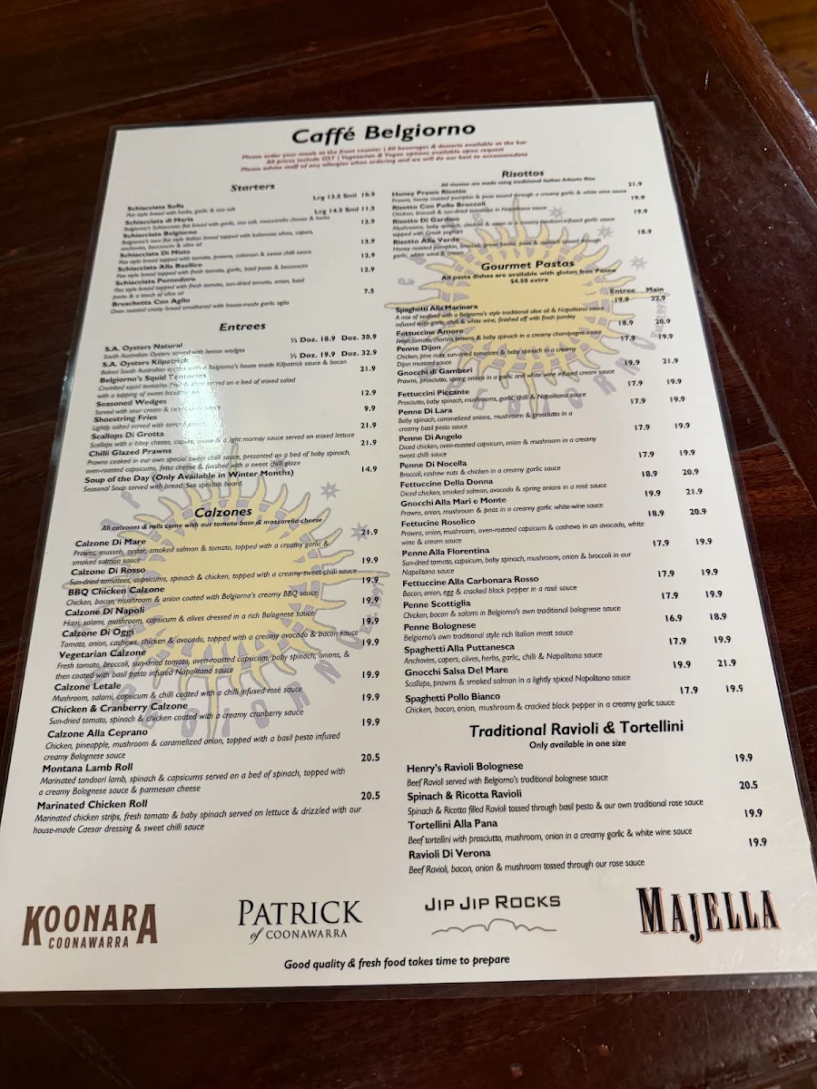 Menu, Caffe Belgiorno