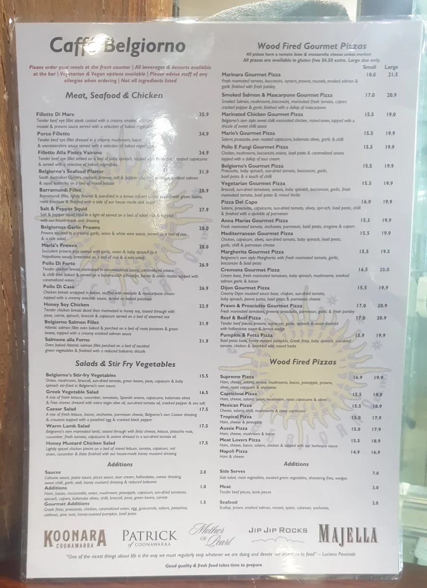 Menu, Caffe Belgiorno