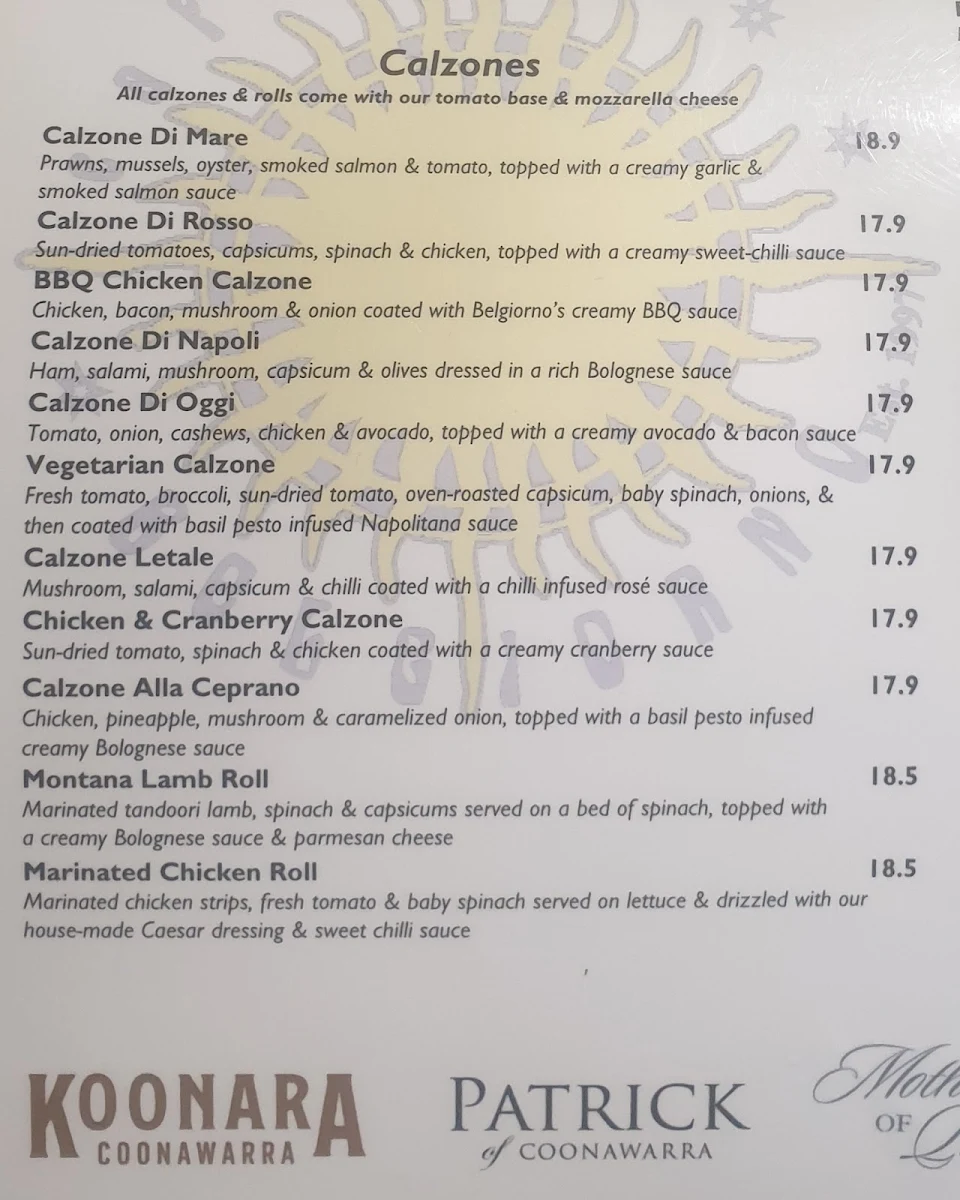 Menu, Caffe Belgiorno
