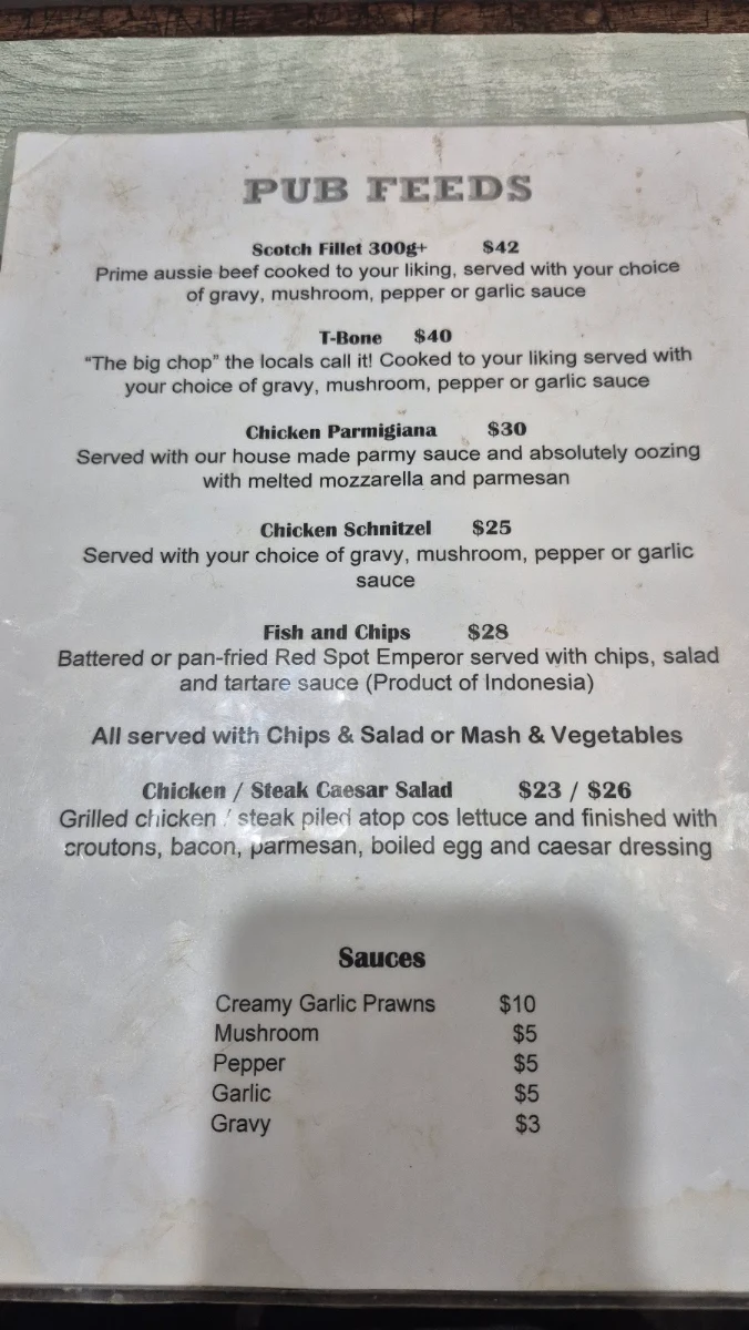 Menu, Watheroo Station Tavern