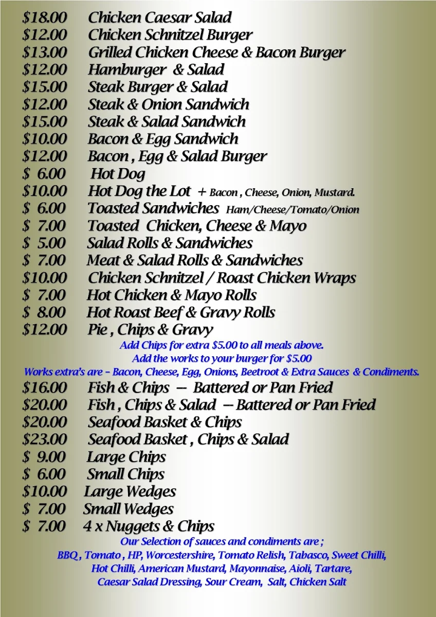 Menu, Watheroo Station Tavern