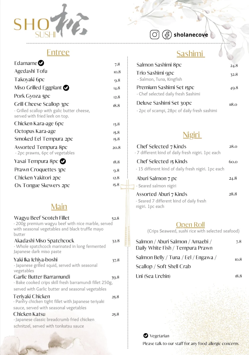 Menu, Sho Sushi