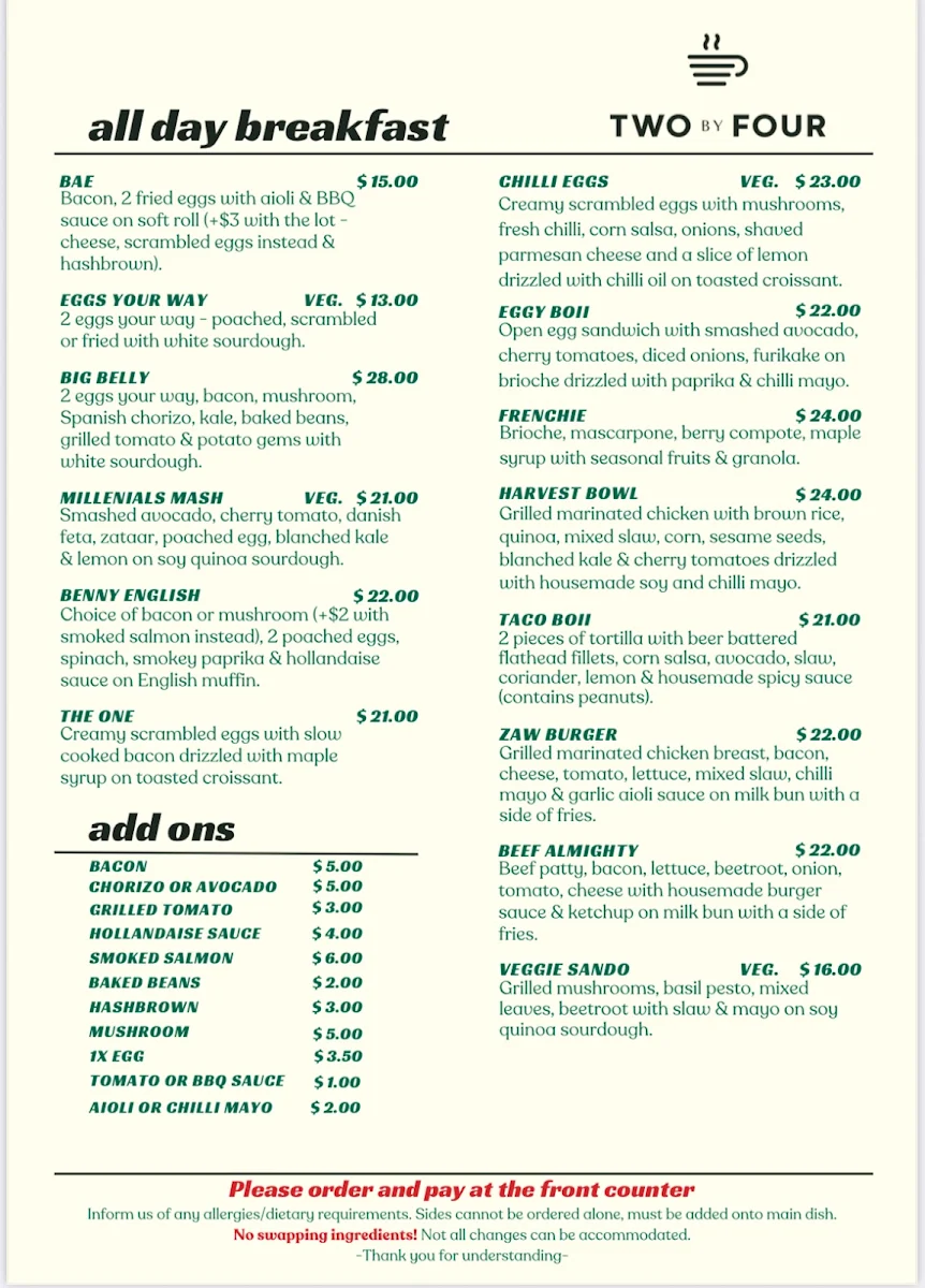 Menu, Two By Four Cafe