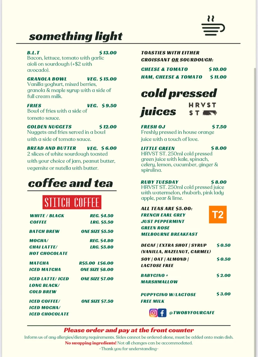 Menu, Two By Four Cafe