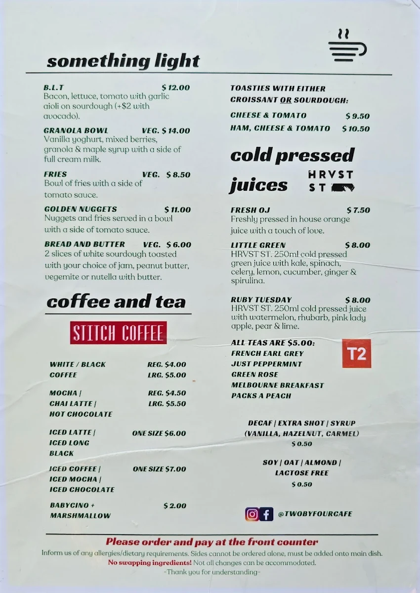 Menu, Two By Four Cafe