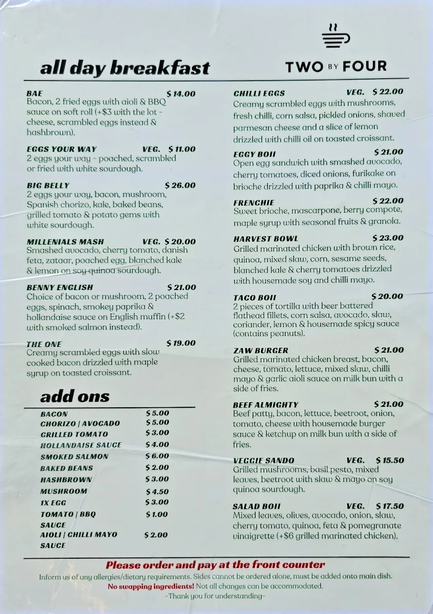 Menu, Two By Four Cafe