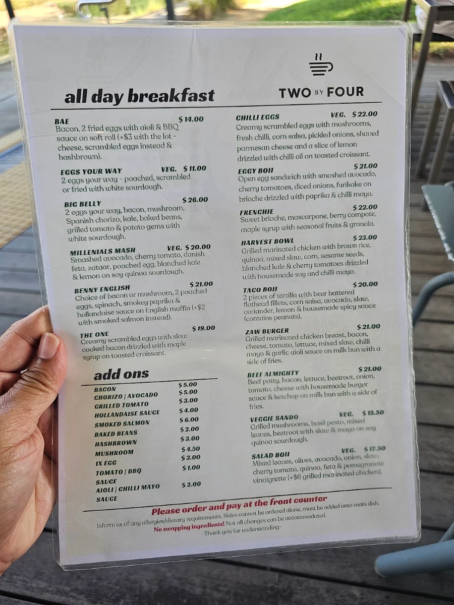Menu, Two By Four Cafe