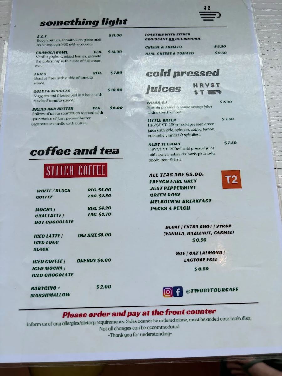Menu, Two By Four Cafe