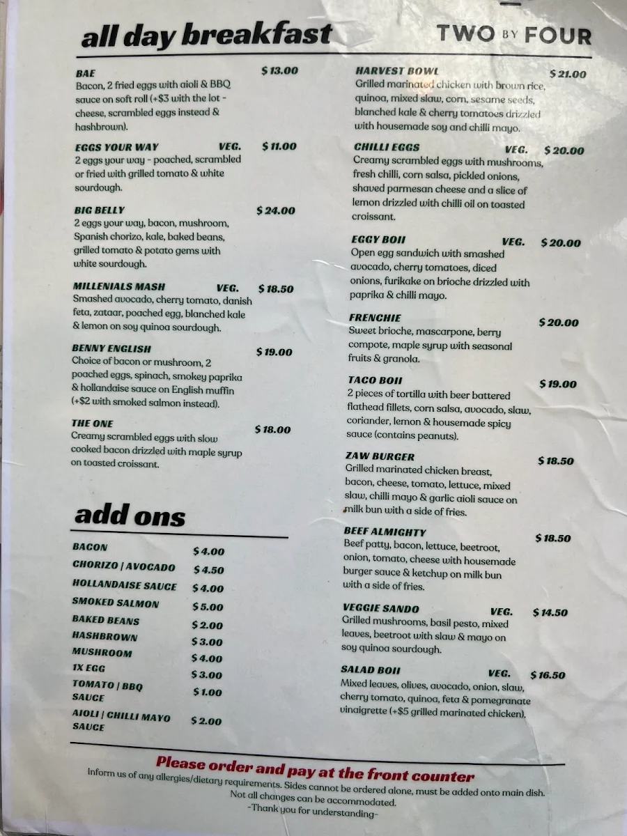 Menu, Two By Four Cafe