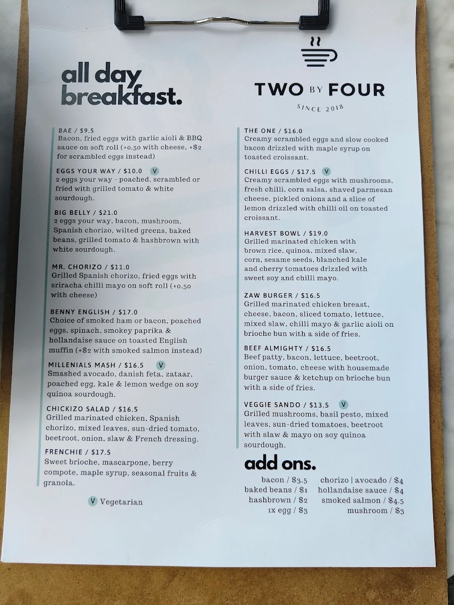 Menu, Two By Four Cafe
