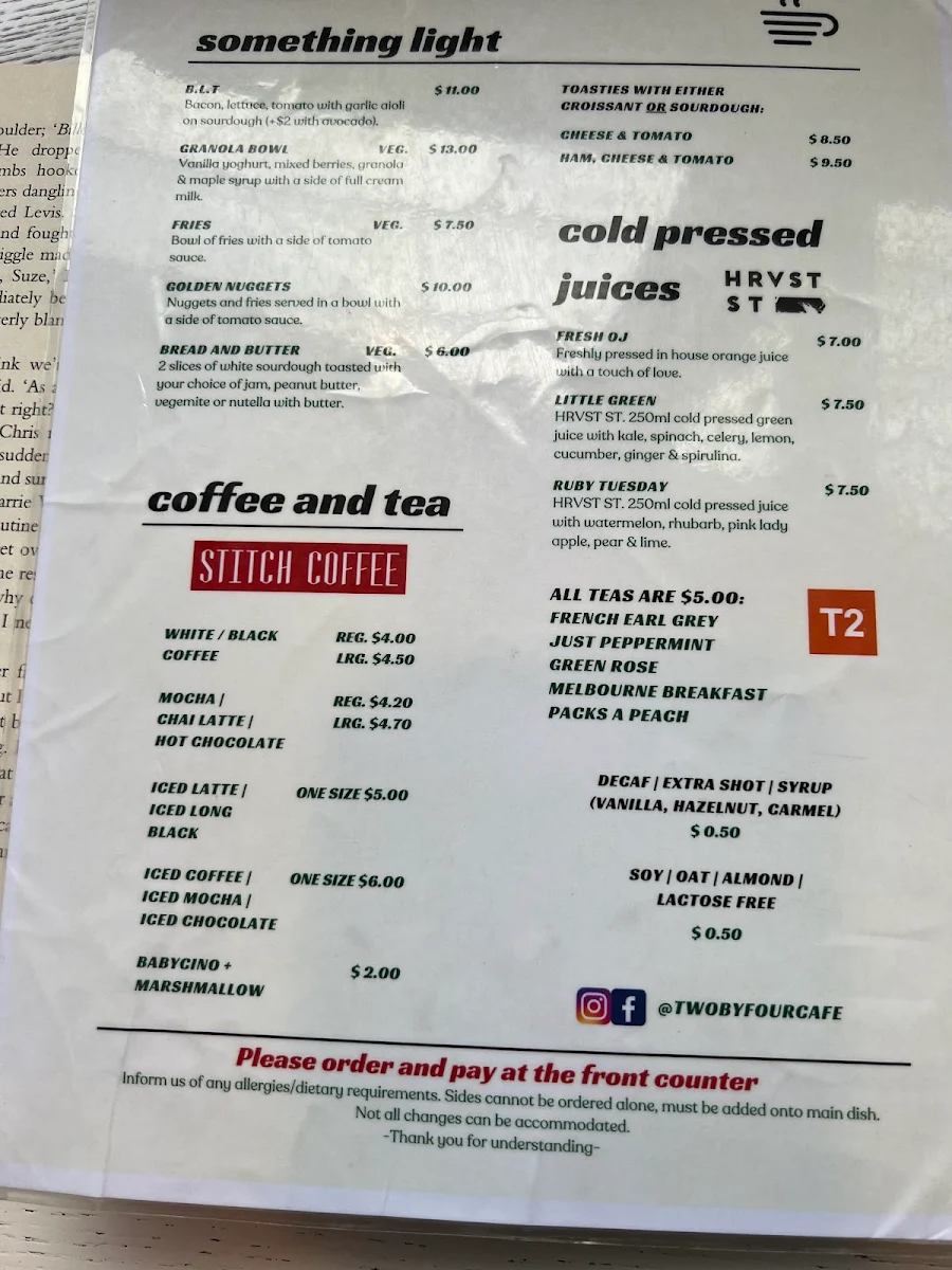 Menu, Two By Four Cafe