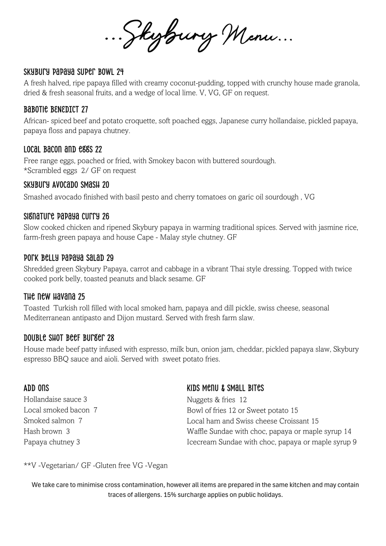 Menu, Skybury Cafe & Roastery