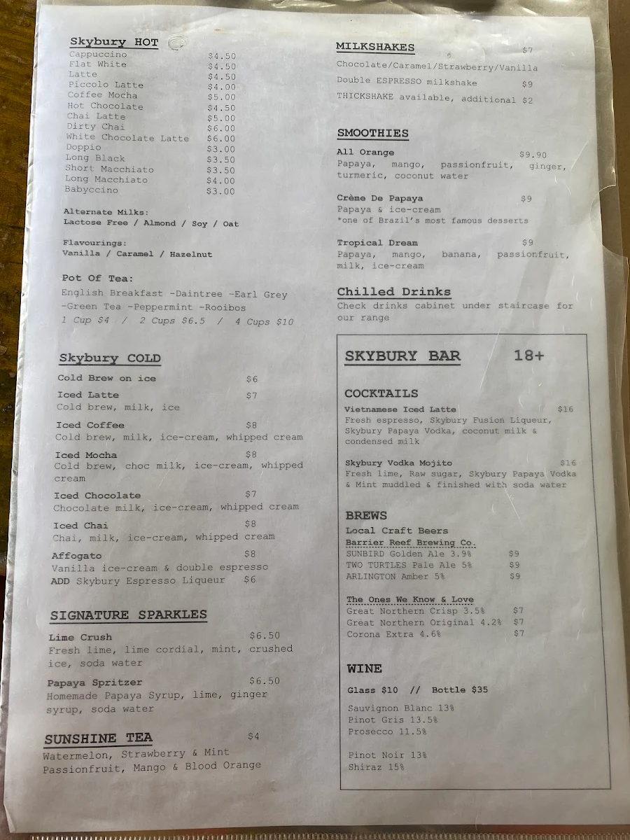 Menu, Skybury Cafe & Roastery