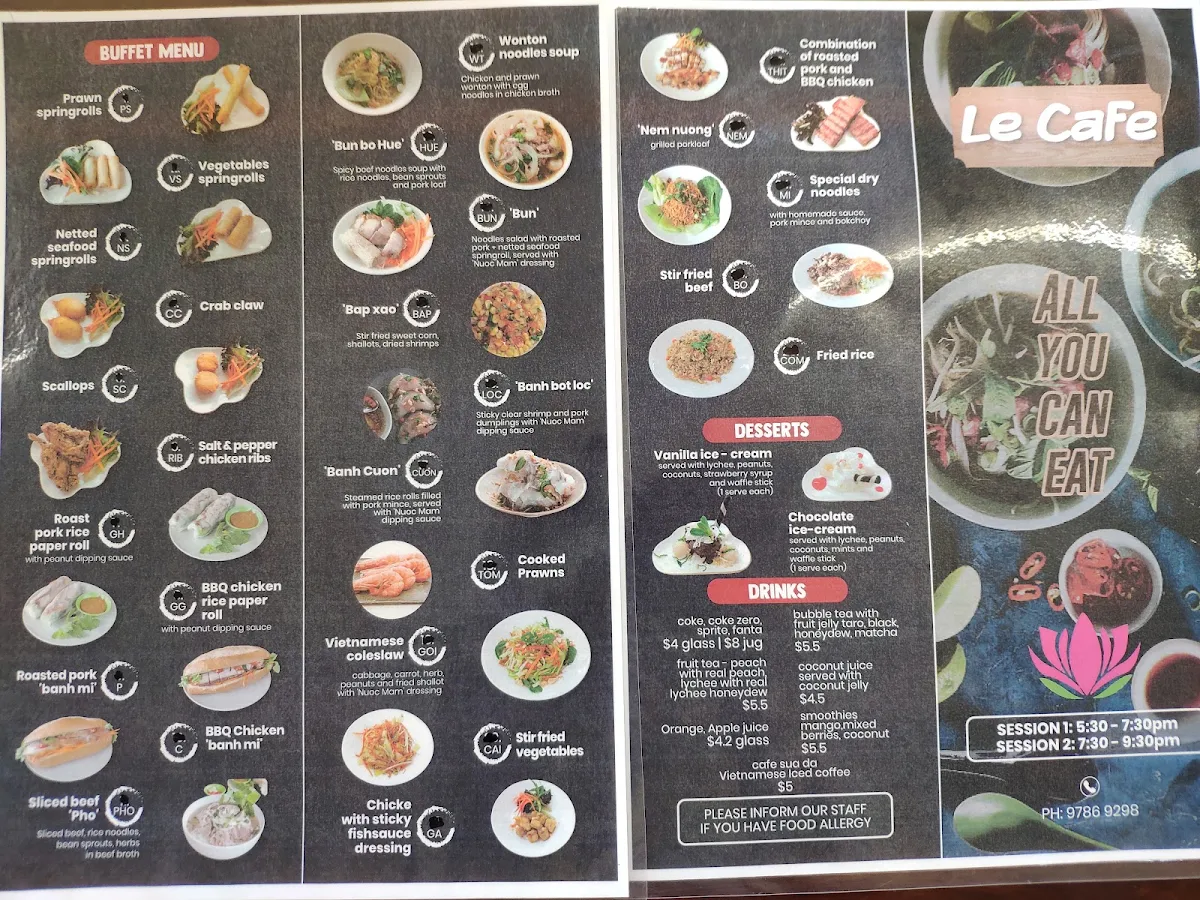 Menu, Le Cafe - Vietnamese restaurant