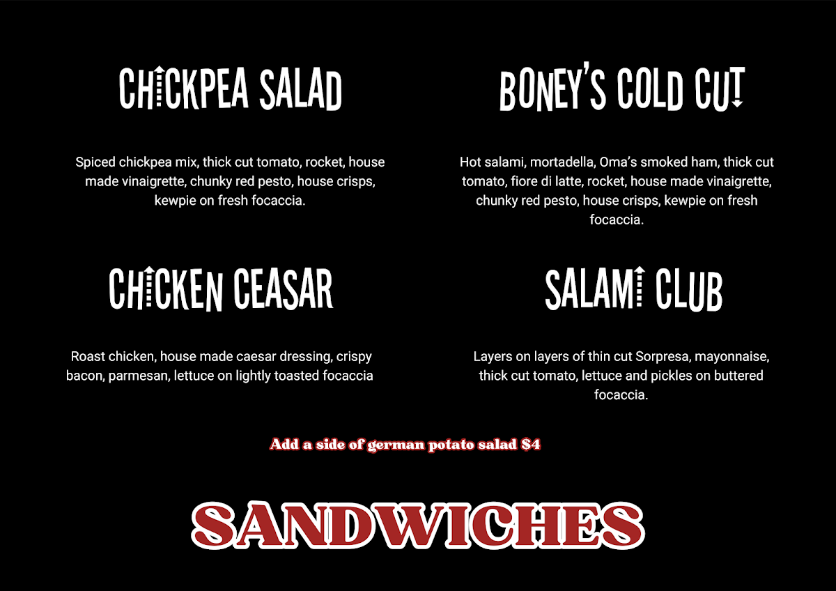 Menu, Boney's Espresso & Sandwich Deli