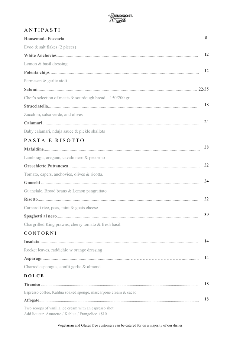 Menu, Cucina at Bendigo St Milk Bar - Italian Restaurant