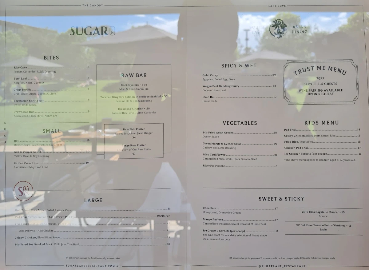 Menu, Sugarlane Lane Cove