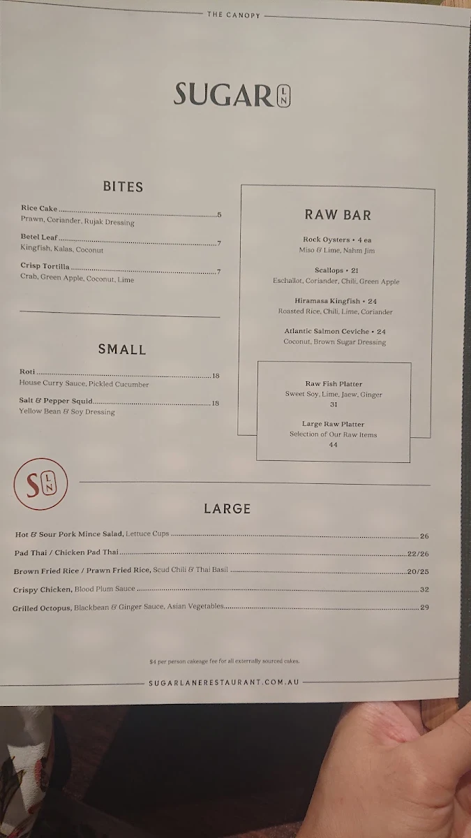 Menu, Sugarlane Lane Cove