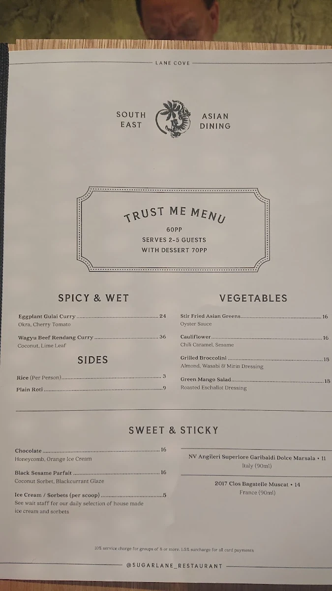 Menu, Sugarlane Lane Cove