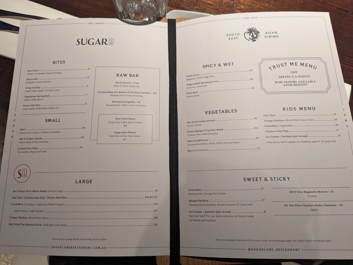 Menu, Sugarlane Lane Cove