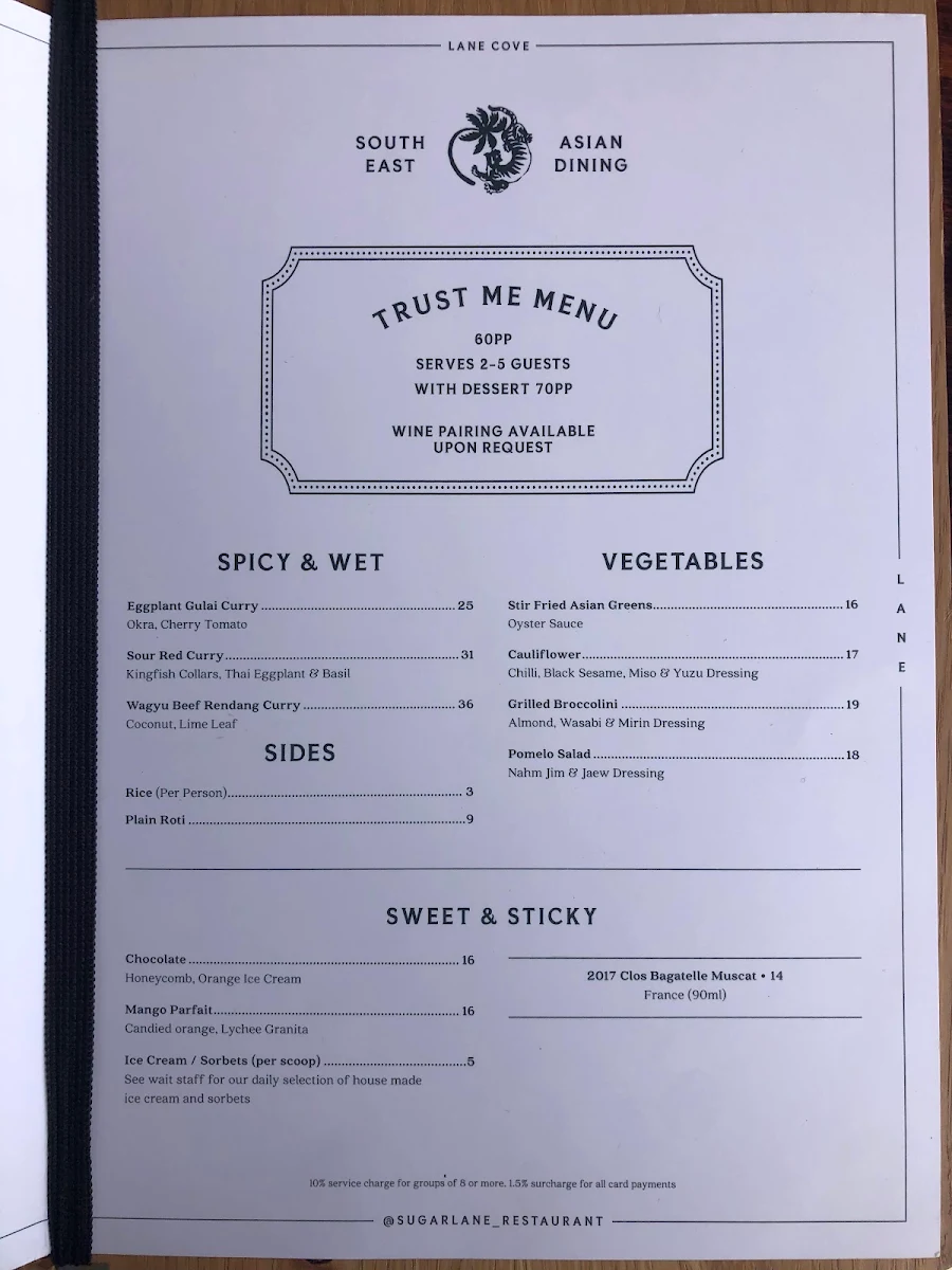 Menu, Sugarlane Lane Cove