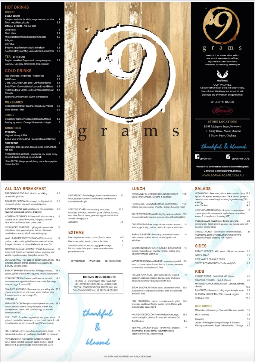Menu, 9grams Torquay