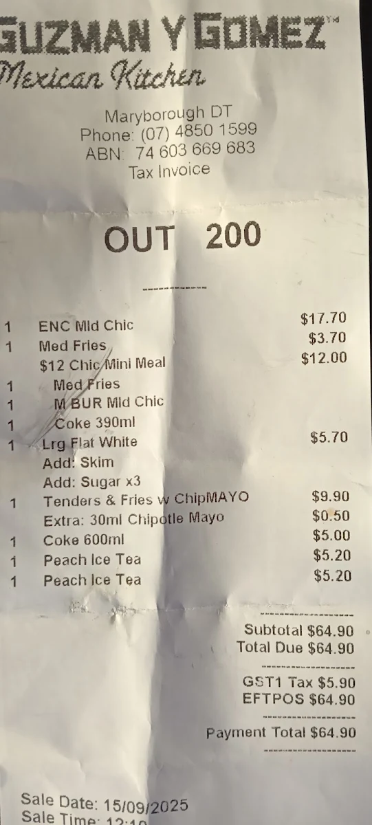 Menu, Guzman y Gomez - Maryborough