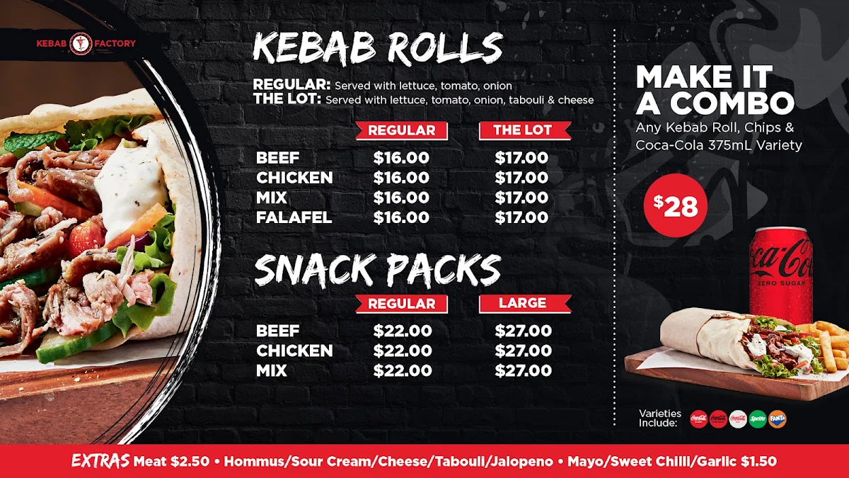 Menu, Kebab Factory