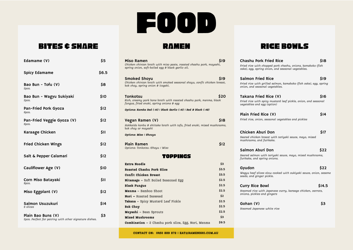 Menu, Ramen Bro