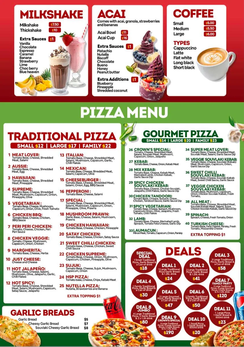 Menu, Crown Pizza & Kebabs