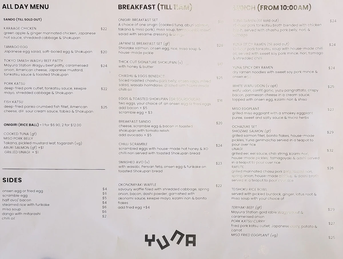 Menu, Yuna Cafe & Restaurant
