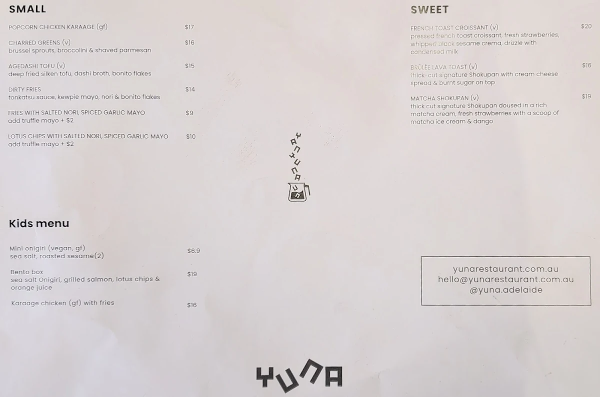 Menu, Yuna Cafe & Restaurant