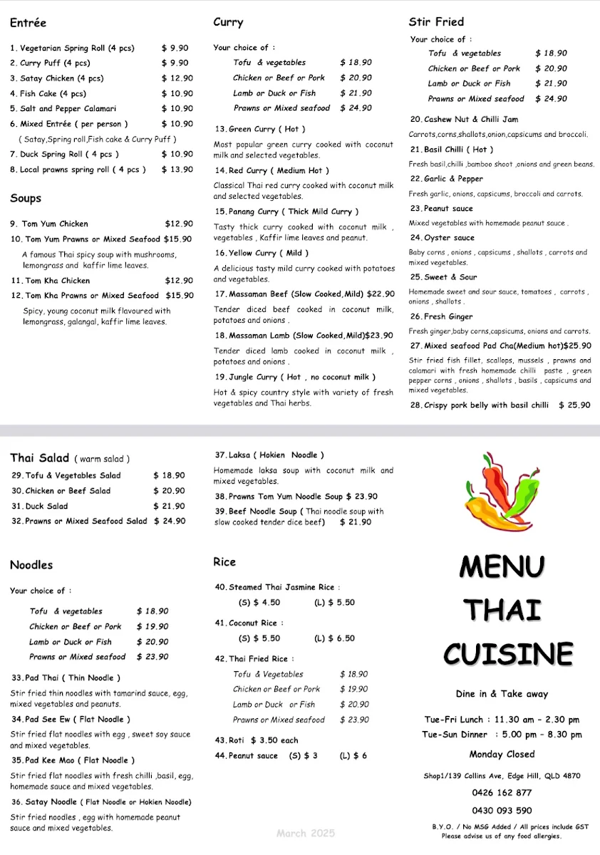 Menu, Menu Thai Cuisine (Edge Hill)