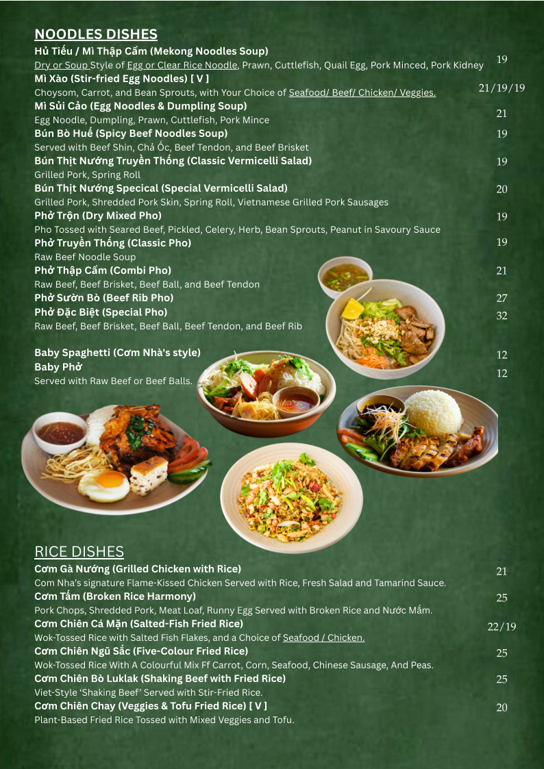 Menu, Com Nha Vietnamese Restaurant