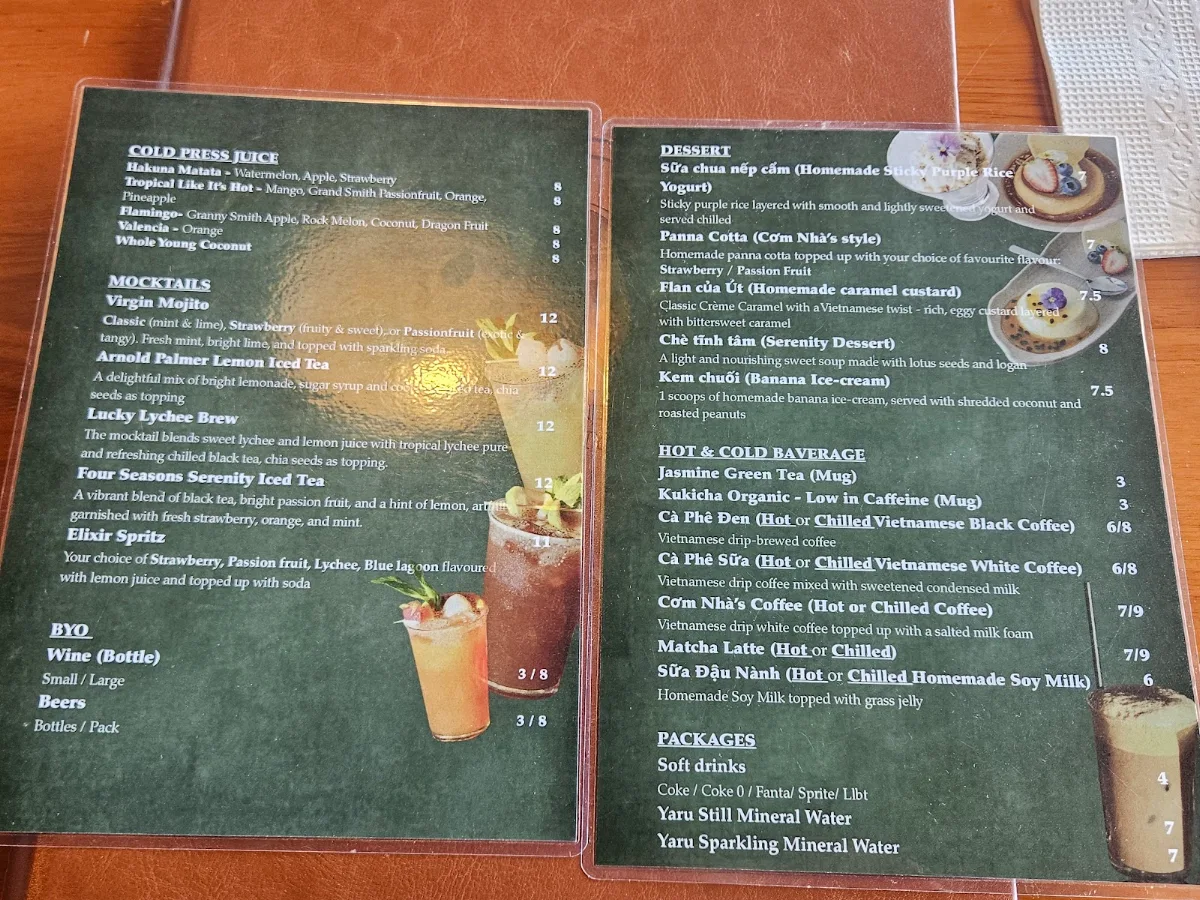 Menu, Com Nha Vietnamese Restaurant
