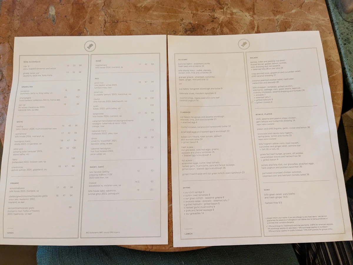 Menu, bills