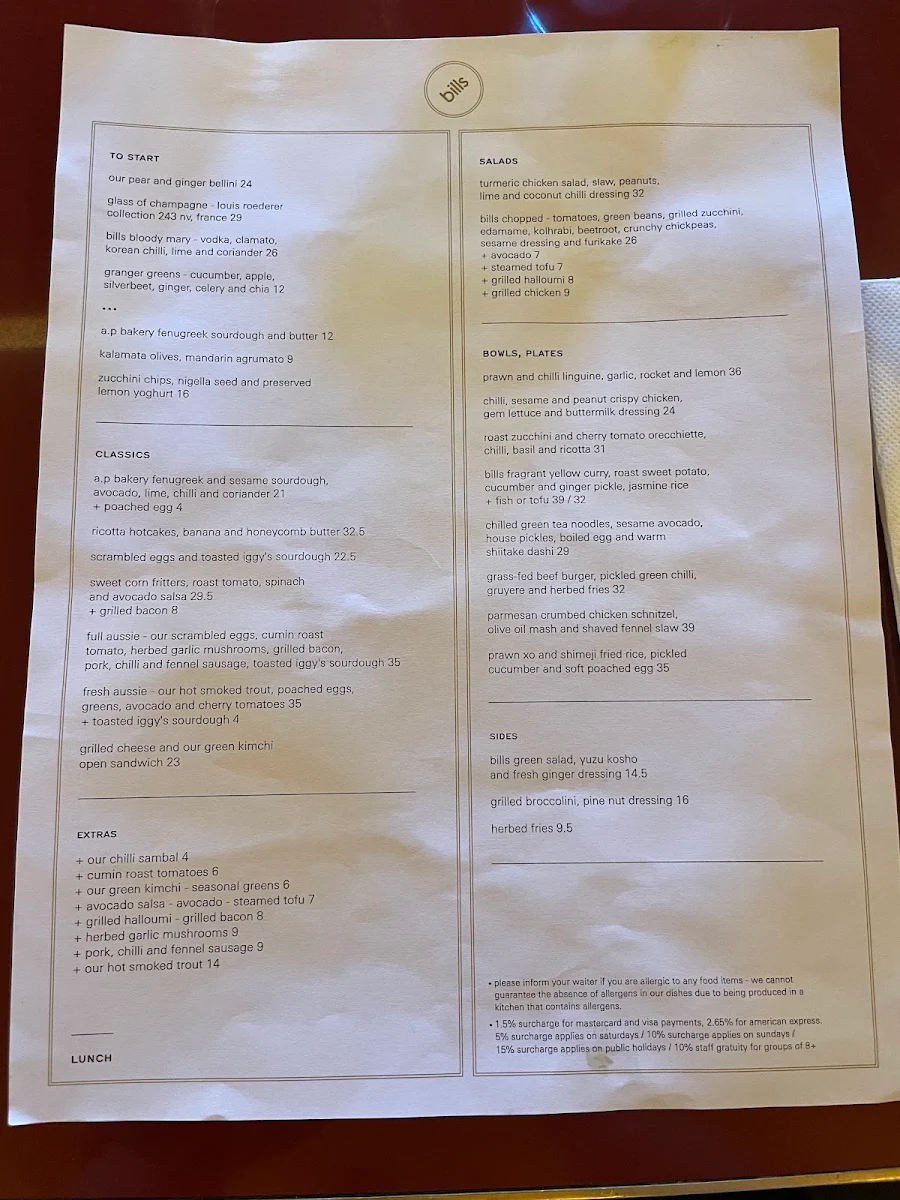 Menu, bills
