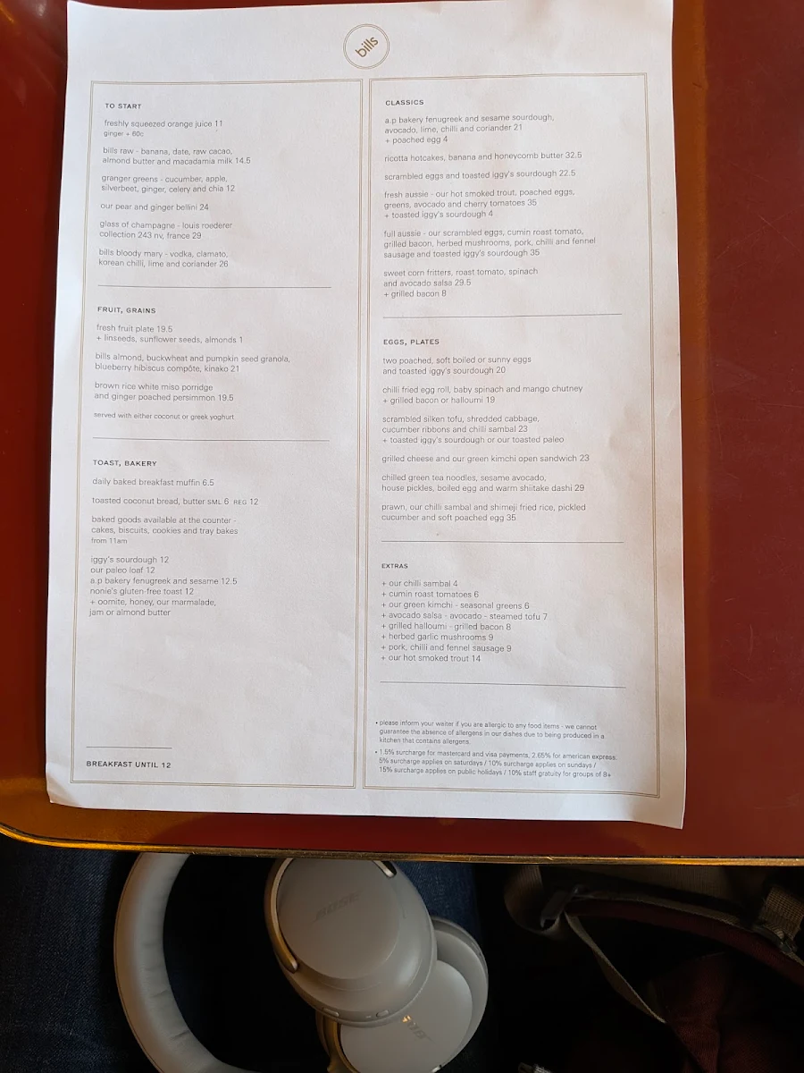 Menu, bills