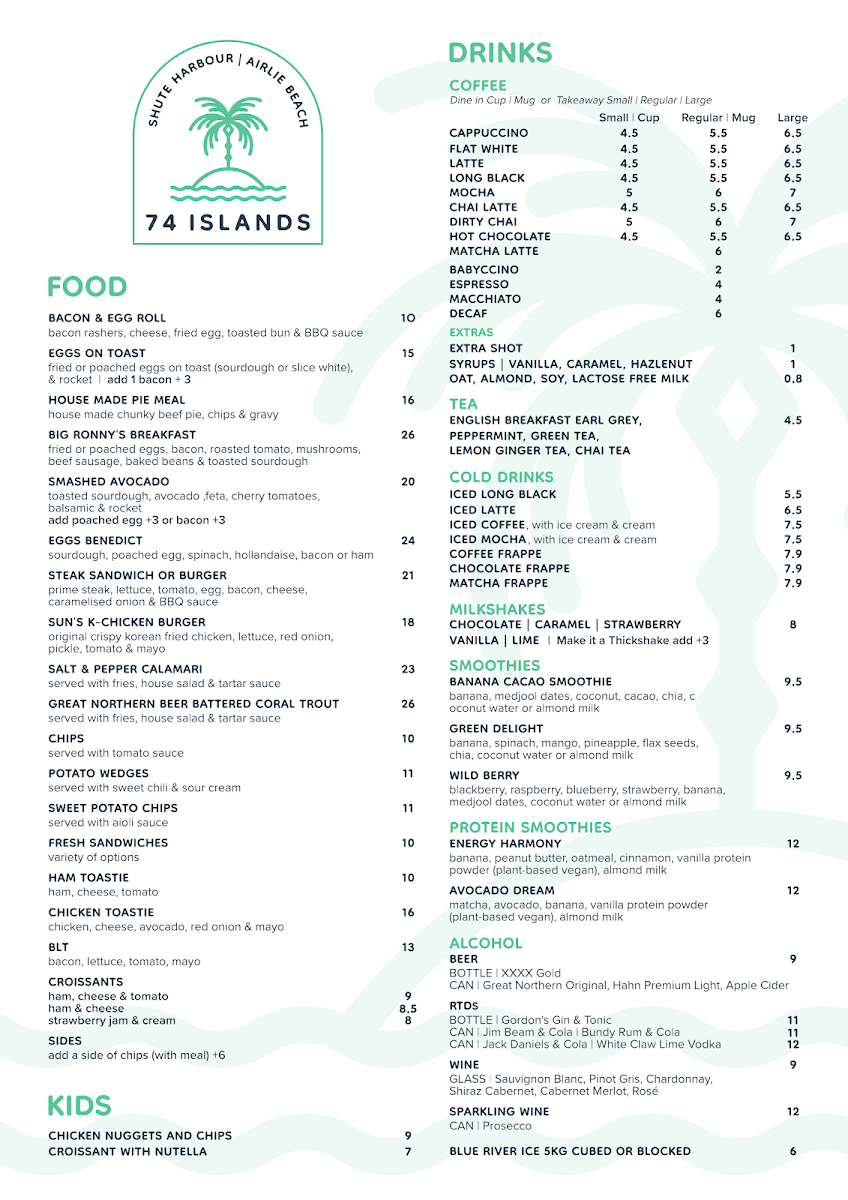 Menu, 74 Islands Bar & Bistro | Coffee