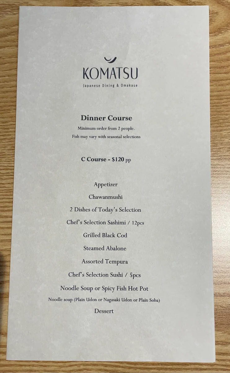 Menu, Komatsu Japanese Restaurant