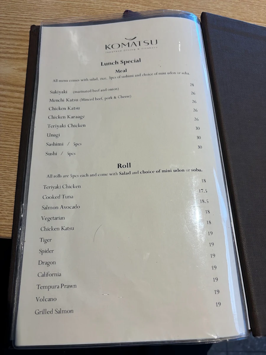 Menu, Komatsu Japanese Restaurant